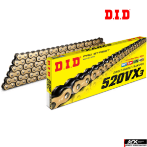Chaîne DID G&B 520 VX3 – Noir & Or, 118 Maillons, X-Ring Renforcée avec Attache Rapide