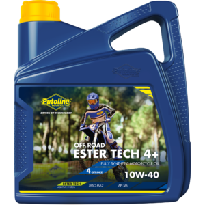 Blue motor oil container with a yellow cap, textured handle, and Putoline branding for off-road ester tech 4T motorcycle oil.