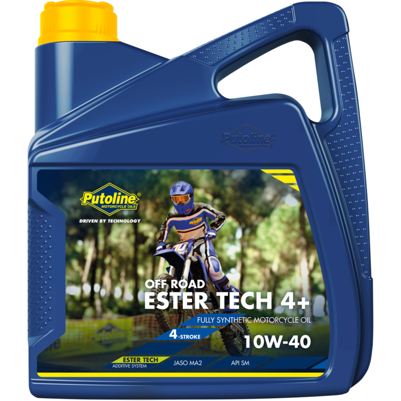 Blue motor oil container with a yellow cap, textured handle, and Putoline branding for off-road ester tech 4T motorcycle oil.