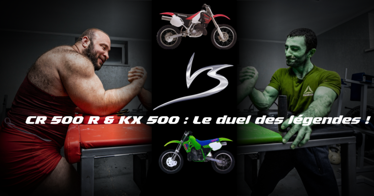 Promotional banner: two men arm-wrestling in a gym, with CR500R and KX500 bikes and the title Le duel des légendes.