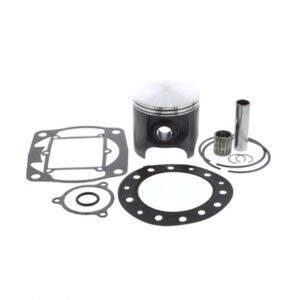Automotive engine repair kit with a piston, piston rings, gaskets, wrist pin, and retaining clips on a white background.