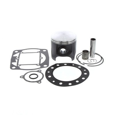 Automotive engine repair kit with a piston, piston rings, gaskets, wrist pin, and retaining clips on a white background.