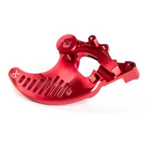 Red anodized aluminum chainring guard for a bicycle crankset, featuring ventilation slots and mounting holes