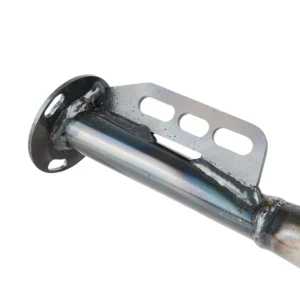 Automotive exhaust pipe with a circular flange, welded joint, and mounting bracket showin metal welds