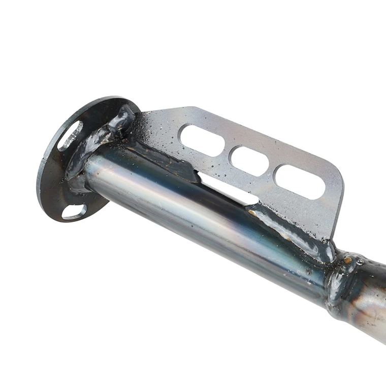 Automotive exhaust pipe with a circular flange, welded joint, and mounting bracket showin metal welds