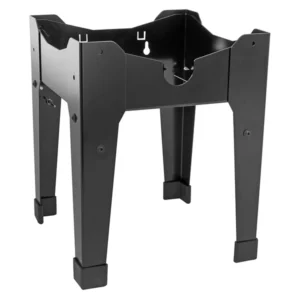 Black metal four-leg stand for a portable grill or cooking pot, with a curved top notch for secure support.