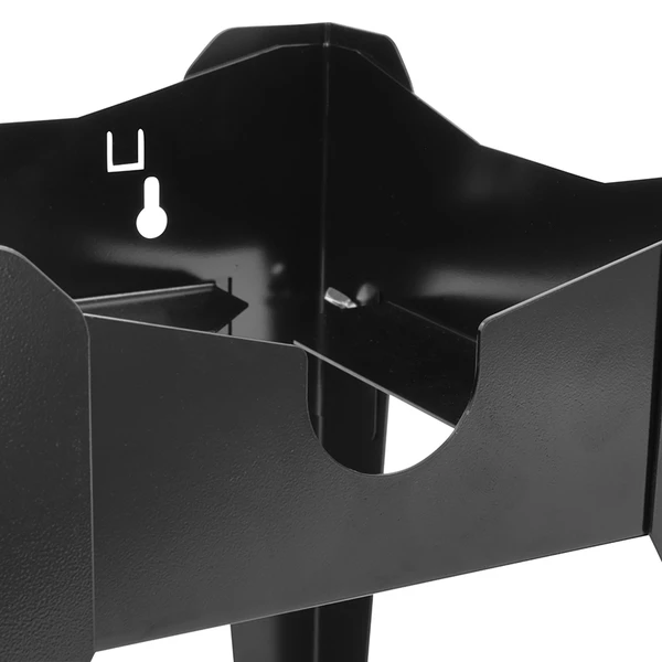 Close-up of a black metal mounting bracket with a curved notch and a white indicator symbol on the surface.