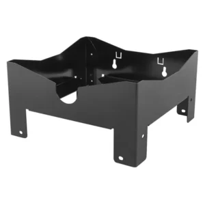 Black metal mounting bracket with two legs and curved inner edges, showing multiple screw holes for attachment into equipment workflows.