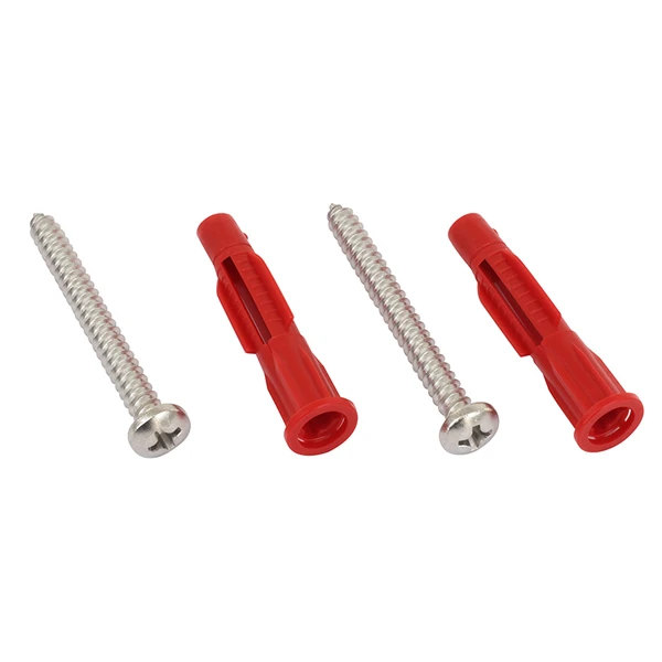 Two red plastic wall plugs with two metal screws on a white background.