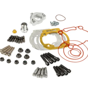Assorted automotive hardware including gaskets, bolts, nuts, and red hoses laid out on a white background.