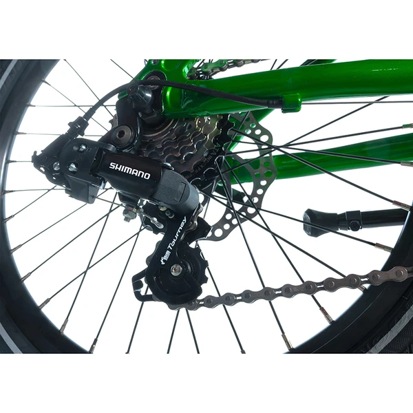 Leader Fox Gamp 20 2026 – VTT Garçon Vert 6 Vitesses - Creations Mx Factory Rear wheel with Shimano derailleur, cassette, and green bike frame with a disc brake rotor visible on the hub side.