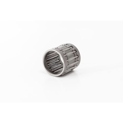 Cylindrical roller bearing shown at an angle, metal silver and open to reveal needles inside