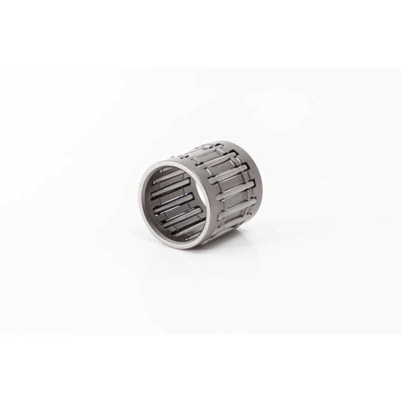 Cylindrical roller bearing shown at an angle, metal silver and open to reveal needles inside