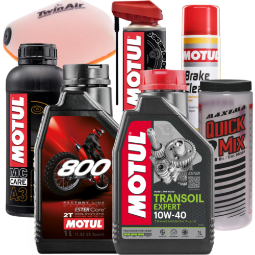 Pack 2T atelier MOTUL huile moteur boîte filtre chaîne freins filtre Twin Air doseur Maxima Quick 2 Mix