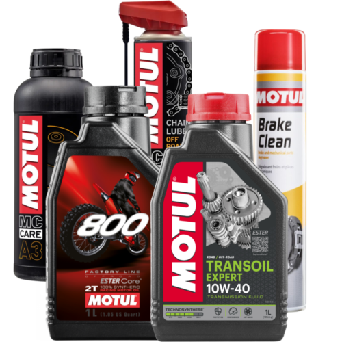 Pack MOTUL 2T entretien complet huile 800 Transoil 10W40 huile filtre A3 graisse chaîne C3 Brake Clean