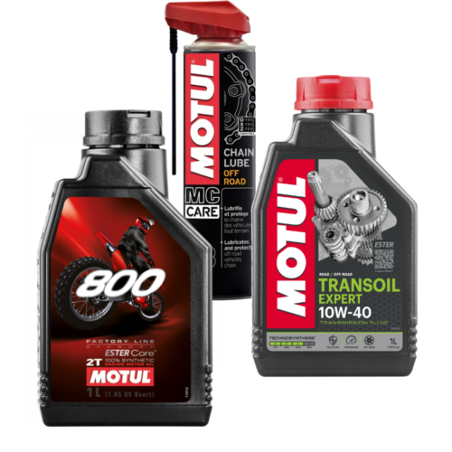 Pack MOTUL 2T huile moteur 800 2T Transoil 10W40 graisse chaîne C3 motocross enduro