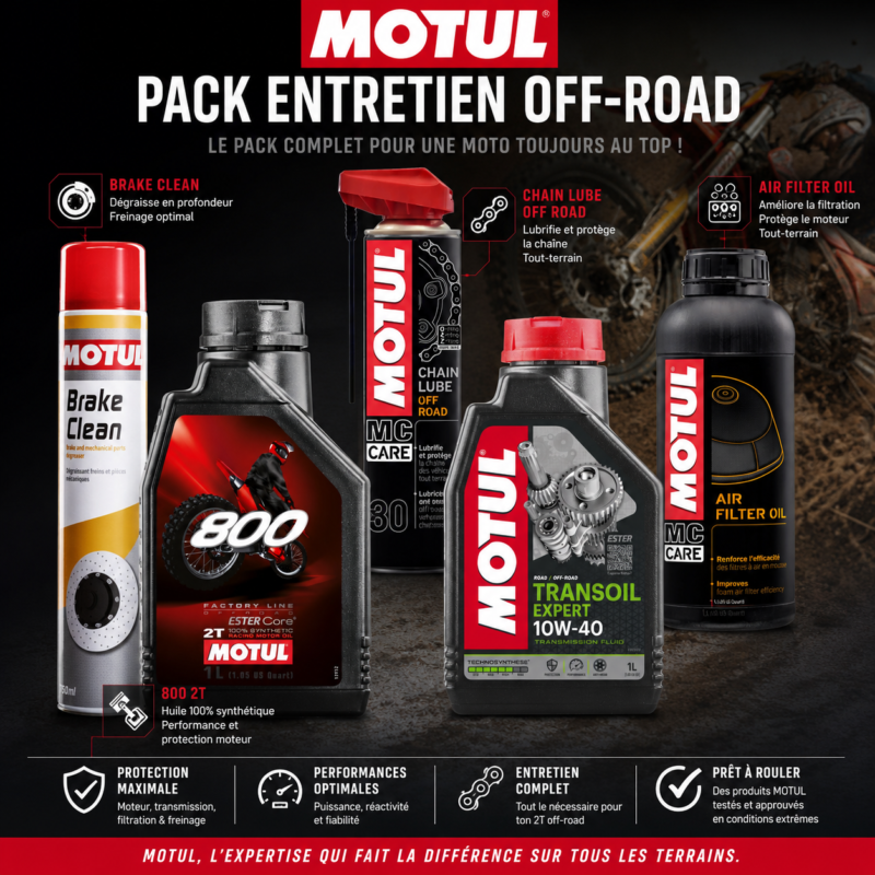 Pack MOTUL 2T Entretien Complet – Huile 800, Transoil, A3, C3 & Brake Clean - Creations Mx Factory Pack MOTUL 2T entretien complet huile 800 Transoil 10W40 huile filtre A3 graisse chaîne C3 Brake Clean