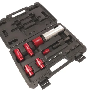 Outil S-TECH pour Remplacement des Paliers de Bras Oscillant et Biellettes - Creations Mx Factory Open black plastic tool case containing red anodized socket heads, a silver ratchet handle, and various extensions and bits arranged in the foam insert for a socket wrench set