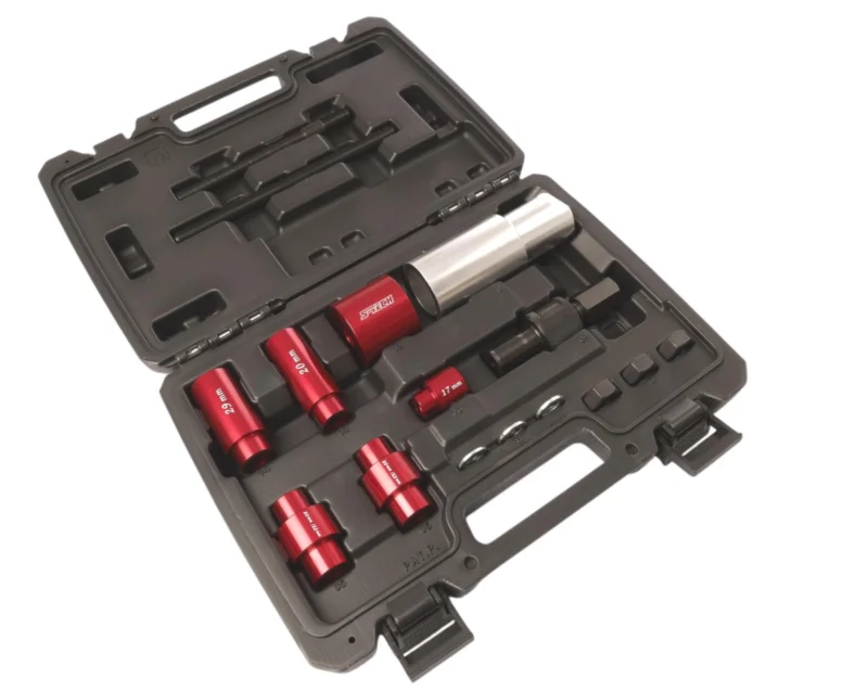 Outil S-TECH pour Remplacement des Paliers de Bras Oscillant et Biellettes - Creations Mx Factory Open black plastic tool case containing red anodized socket heads, a silver ratchet handle, and various extensions and bits arranged in the foam insert for a socket wrench set