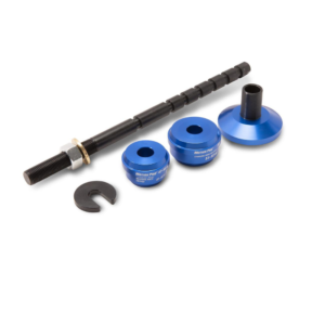 Motion Pro – Outil de Montage pour Roulement de Direction - Creations Mx Factory Blue aluminum Motion Pro steering head bearing race tool set with a threaded rod, spacers, circular race components, and a black retaining clip for installation.