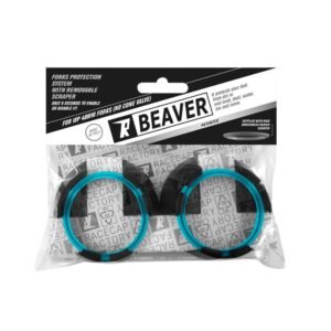 Packaging for Beaver fork protection system showing two turquoise circular clamps with black padding pieces inside a clear bag.