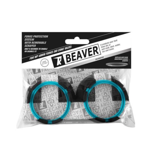 Packaging for Beaver fork protection system showing two turquoise circular clamps with black padding pieces inside a clear bag.