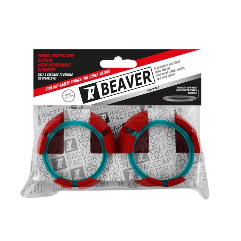 Pair of red and teal fork scrapers in retail packaging labeled BEAVER, designed for WP 48mm forks
