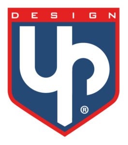 Shield-shaped logo with a dark blue field, white stylized 'up' monogram, red border and 'DESIGN' text at the top.
